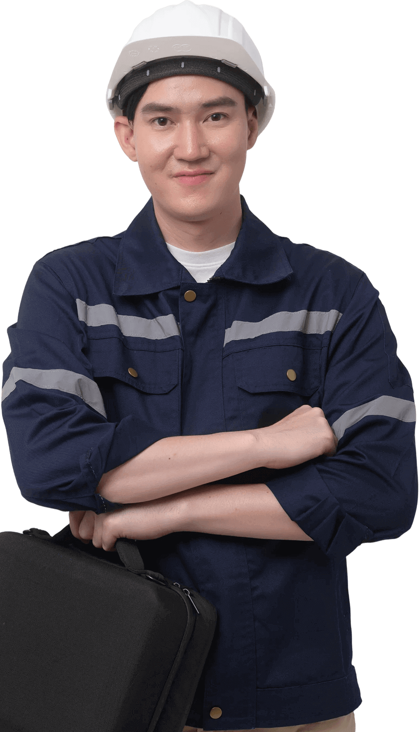 Smiling Madar Alcon technician wearing a white hard hat and uniform with arms crossed